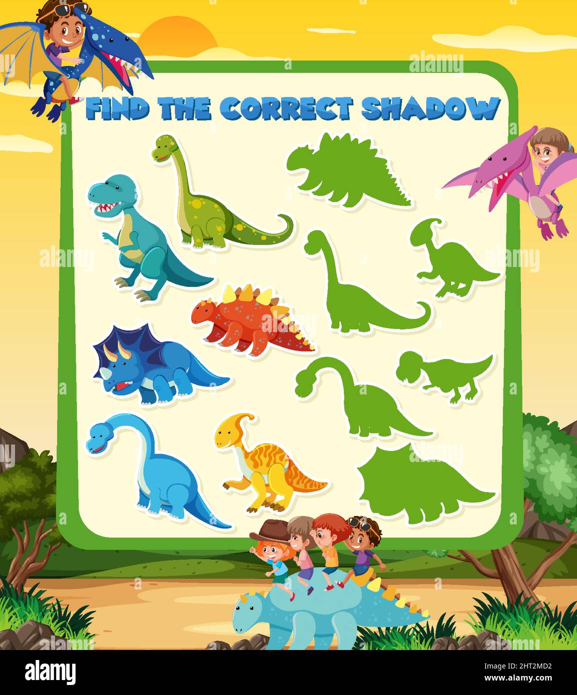 Find the correct shadow game template of dinosaur illustration Stock ...