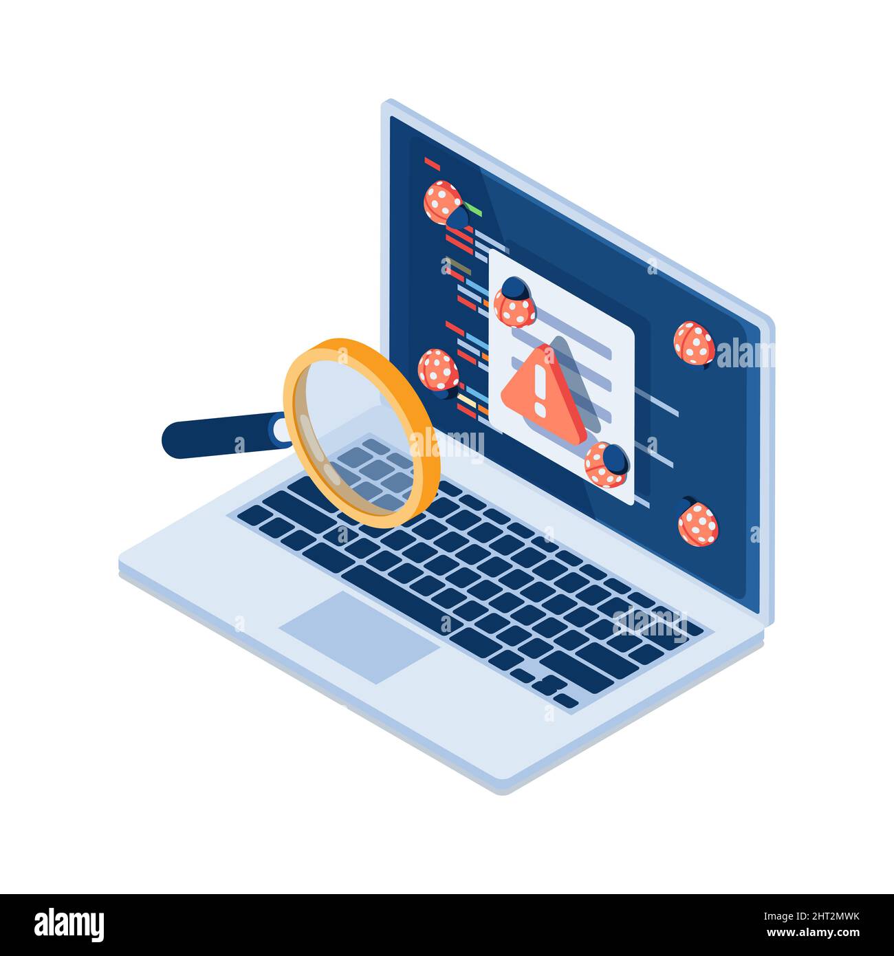 Flat 3d Isometric Magnifier Scanning Bug in The Programming Code. Software Testing and Computer Programming Concept. Stock Vector