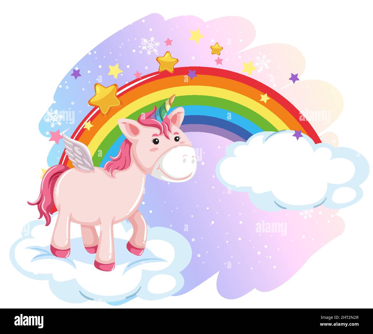 Pink unicorn standing on cloud with rainbow illustration Stock Vector ...