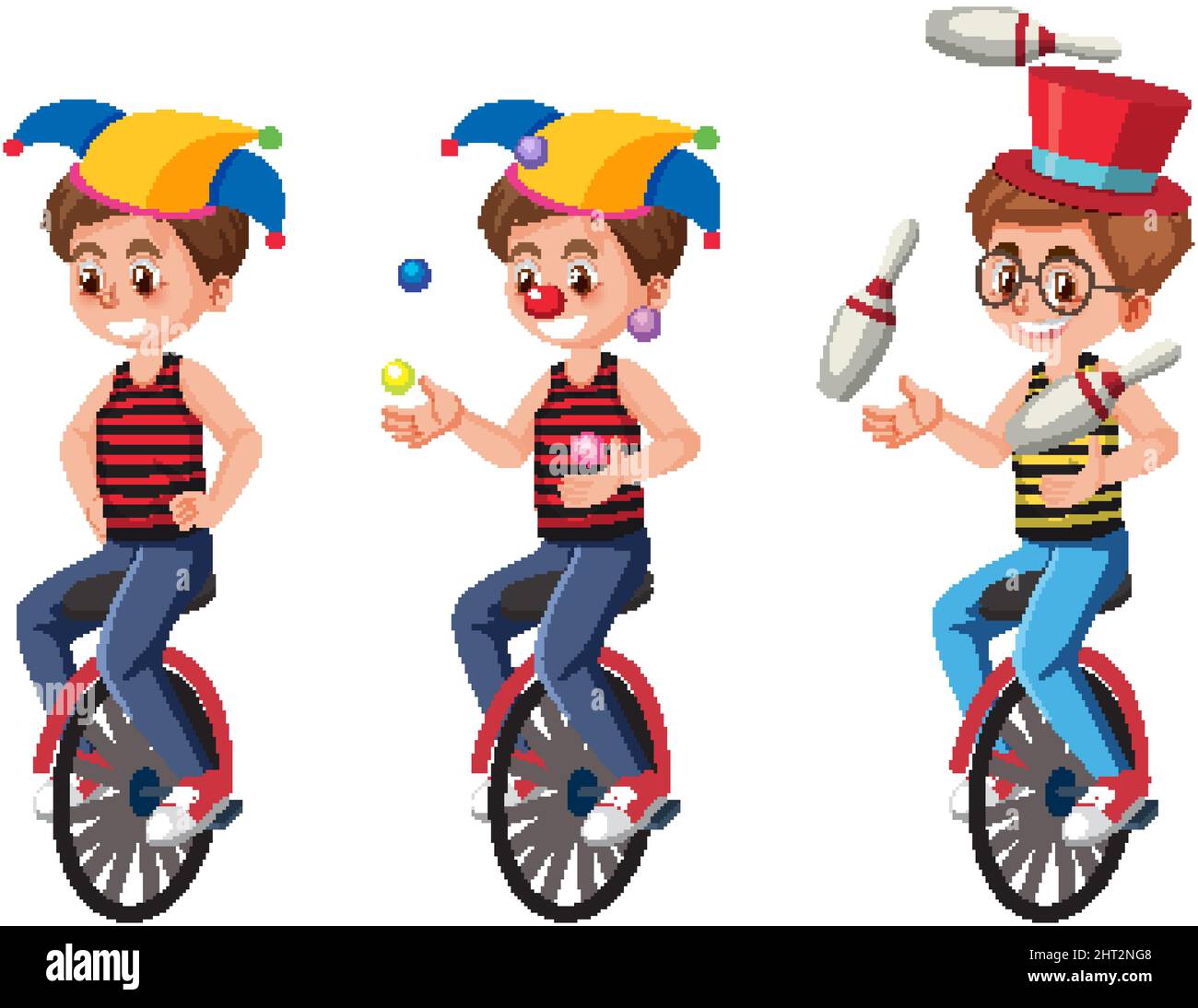 Set of clown performing cartoon character on unicycle illustration ...