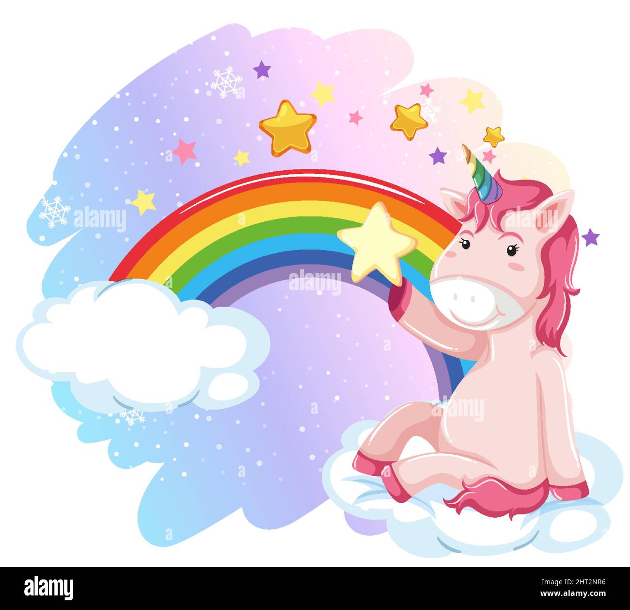 Pink unicorn sitting on a cloud with rainbow illustration Stock Vector ...