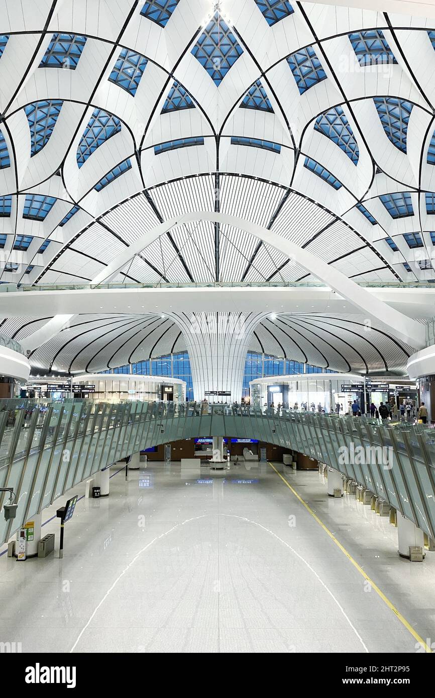 Vertical of a modern interior of Daxing International Airport, Beijing ...