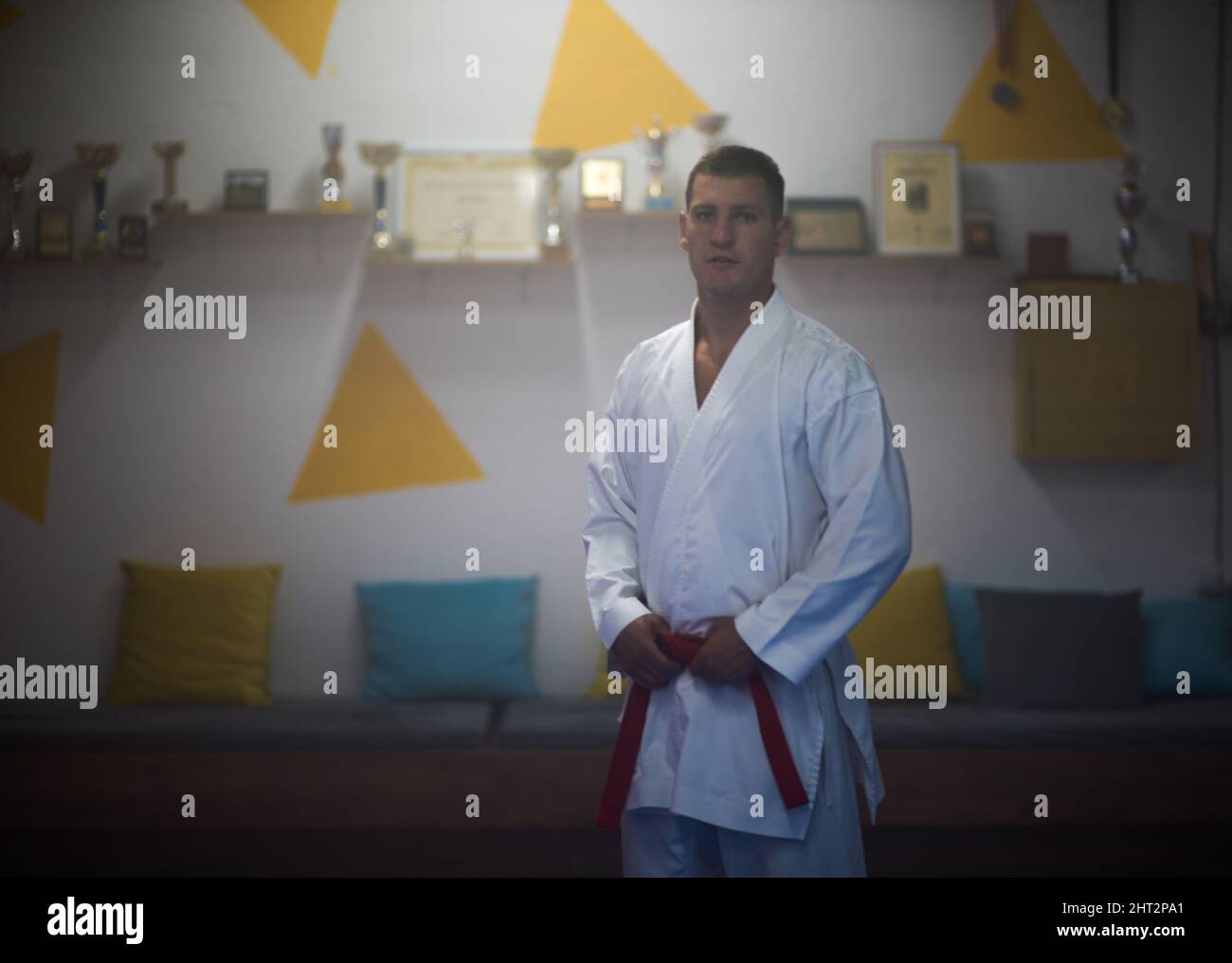 Karate man with black belt posing, champion of the world on trophy room ...
