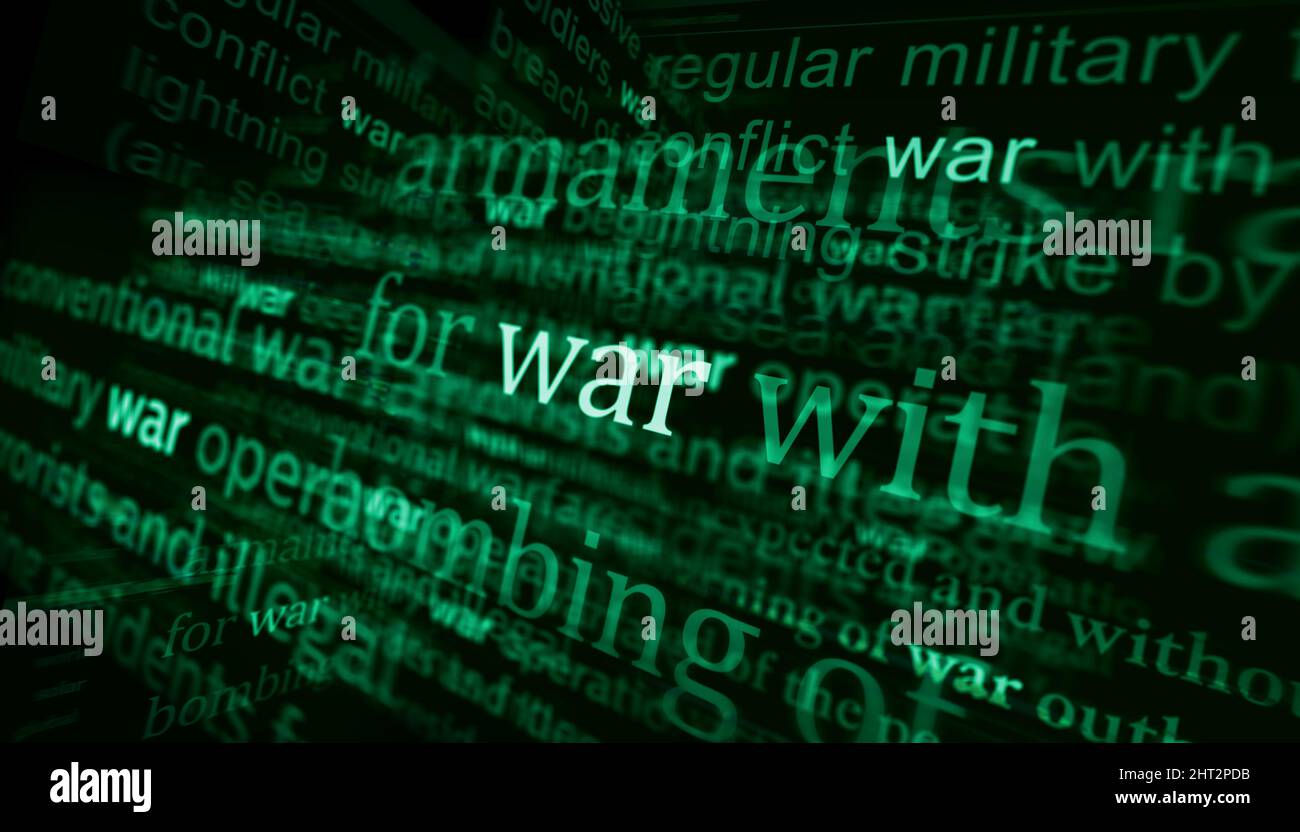 Headline news across international media with war outbreak and military attack. Abstract concept of news titles on noise displays. TV glitch effect 3d Stock Photo