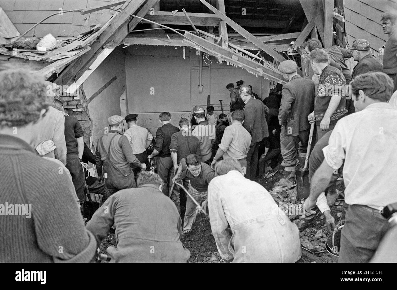 Aberfan - 21st October 1966 Local men and the emergency services hastily dig through the mud for survivors at The Pantglas Junior School.  The Aberfan disaster was a catastrophic collapse of a colliery spoil tip in the Welsh village of Aberfan, near Merthyr Tydfil. It was caused by a build-up of water in the accumulated rock and shale, which suddenly started to slide downhill in the form of slurry and engulfed The Pantglas Junior School below, on 21st October 1966, killing 116 children and 28 adults.   The original school site is now a memorial garden.   Picture taken 21st October 1966The even Stock Photo