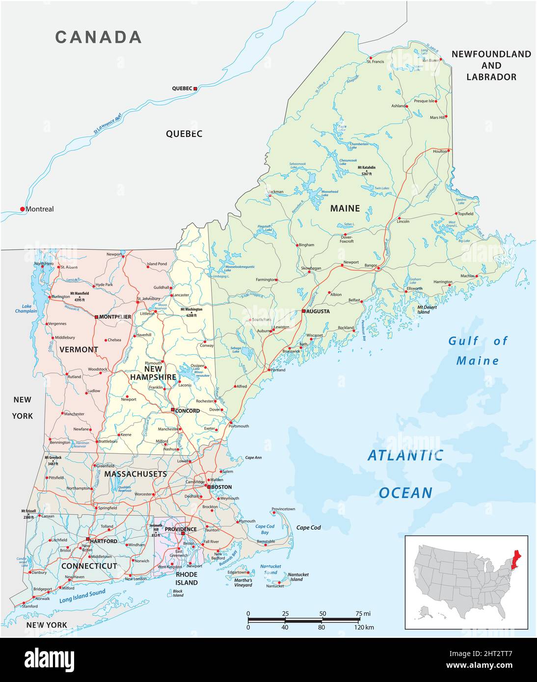 vector road map of the six new england states, united states Stock Vector
