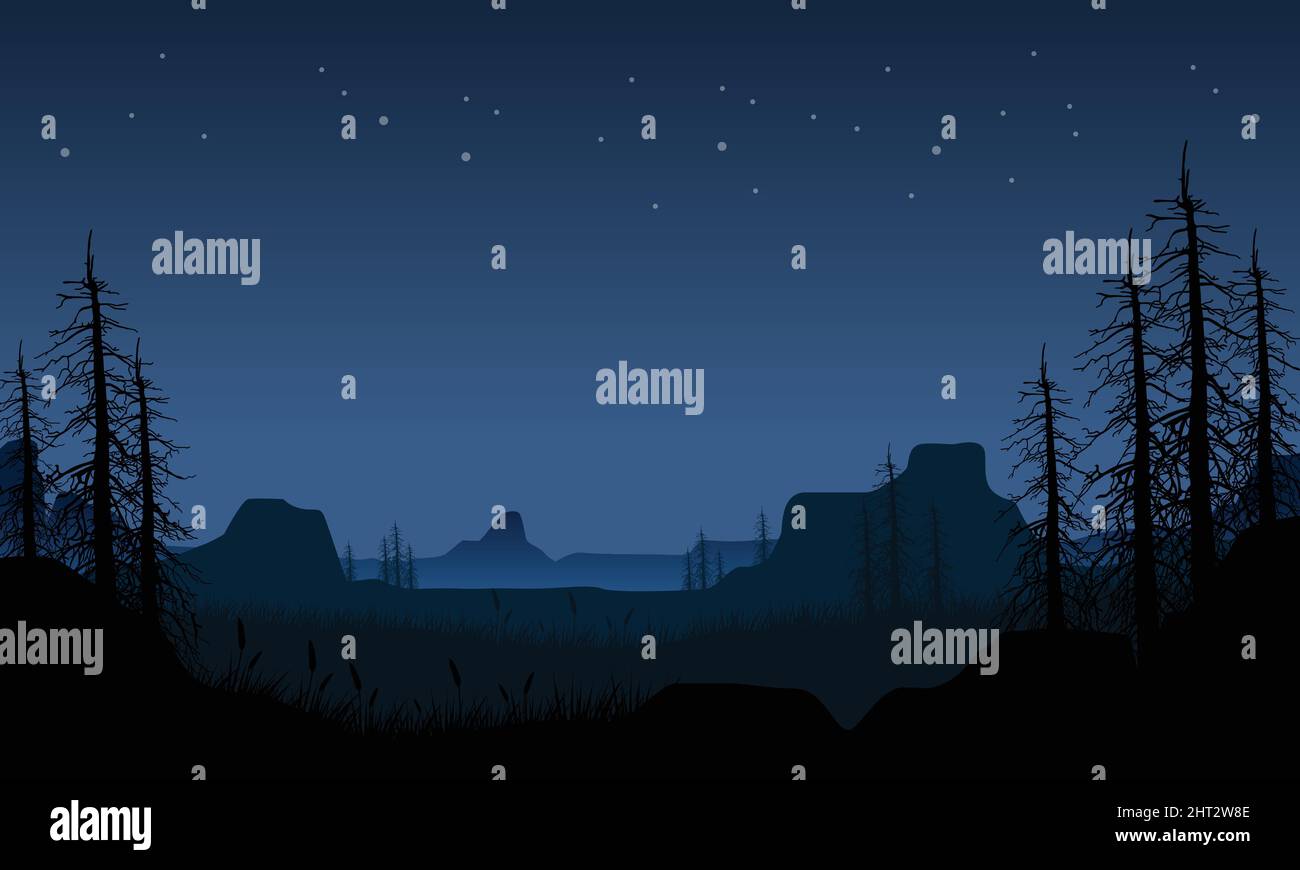 Mountain panorama with majestic silhouette of dry pine trees at night ...