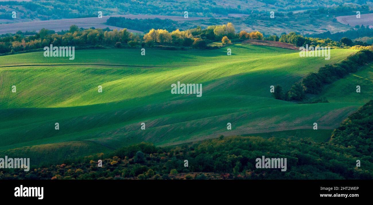 Aerial view of beautiful sunny hills and valleys Stock Photo - Alamy