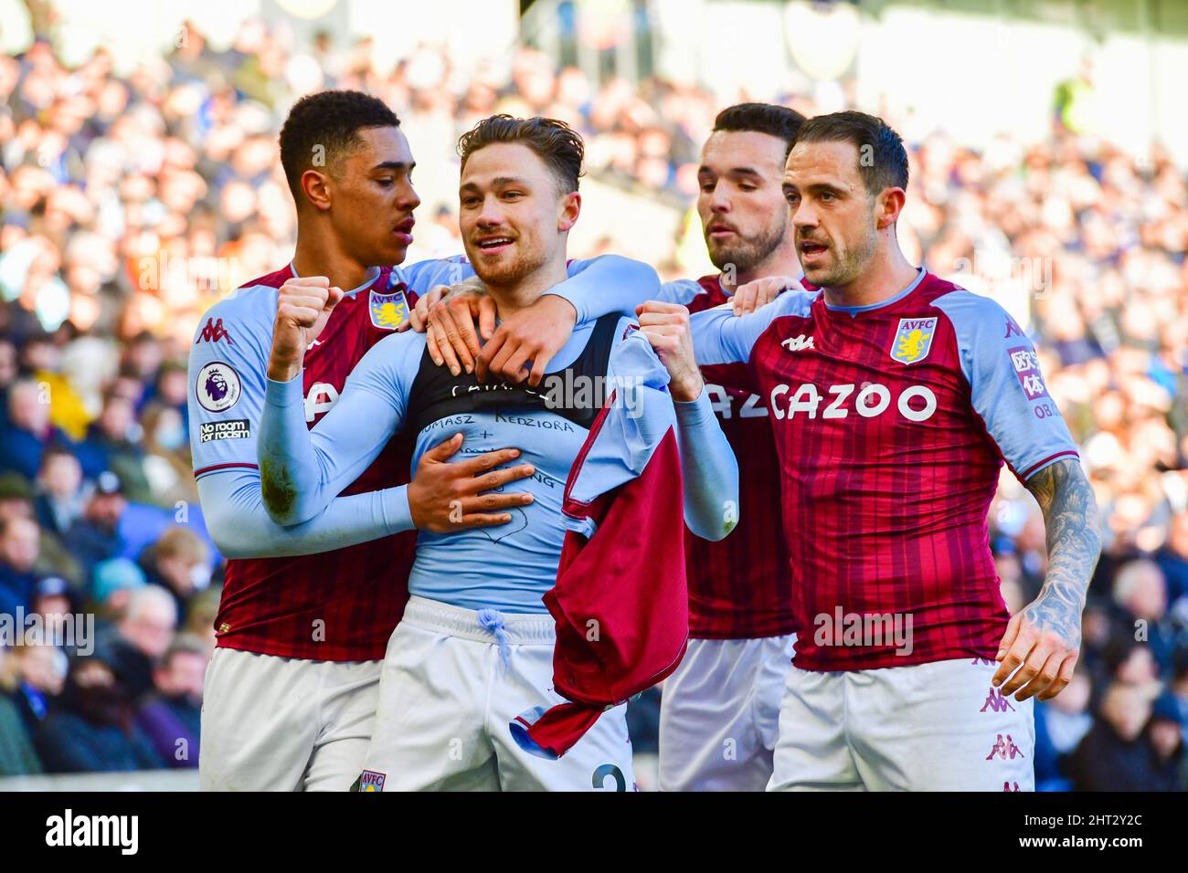 Brighton, UK. 26th Feb, 2022. Matthew Cash of Aston Villa celebrates with his teammates after scoring the opening goal during the Premier League match between Brighton & Hove Albion and Aston Villa at The Amex on February 26th 2022 in Brighton, England. (Photo by Jeff Mood/phcimages.com) Credit: PHC Images/Alamy Live News Stock Photo