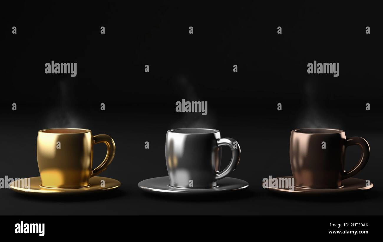 Three warm coffee cups on black background, 3d illustration Stock Photo