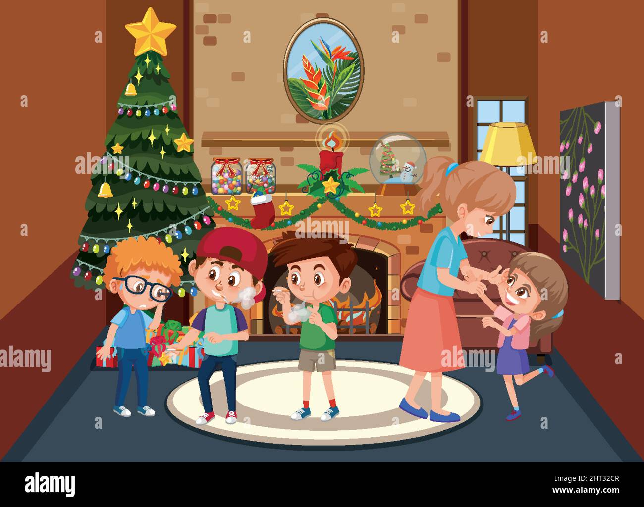 Living room decorated for christmas with family members illustration ...