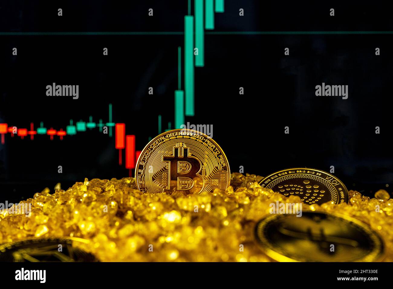 Nice, France - 26.02.2022: Coin of Bitcoin and altcoins on the gold crystal  mineral stone mountain. Stock Growth blurred background. Chart shows a  strong increase in the price of bitcoin Stock Photo - Alamy