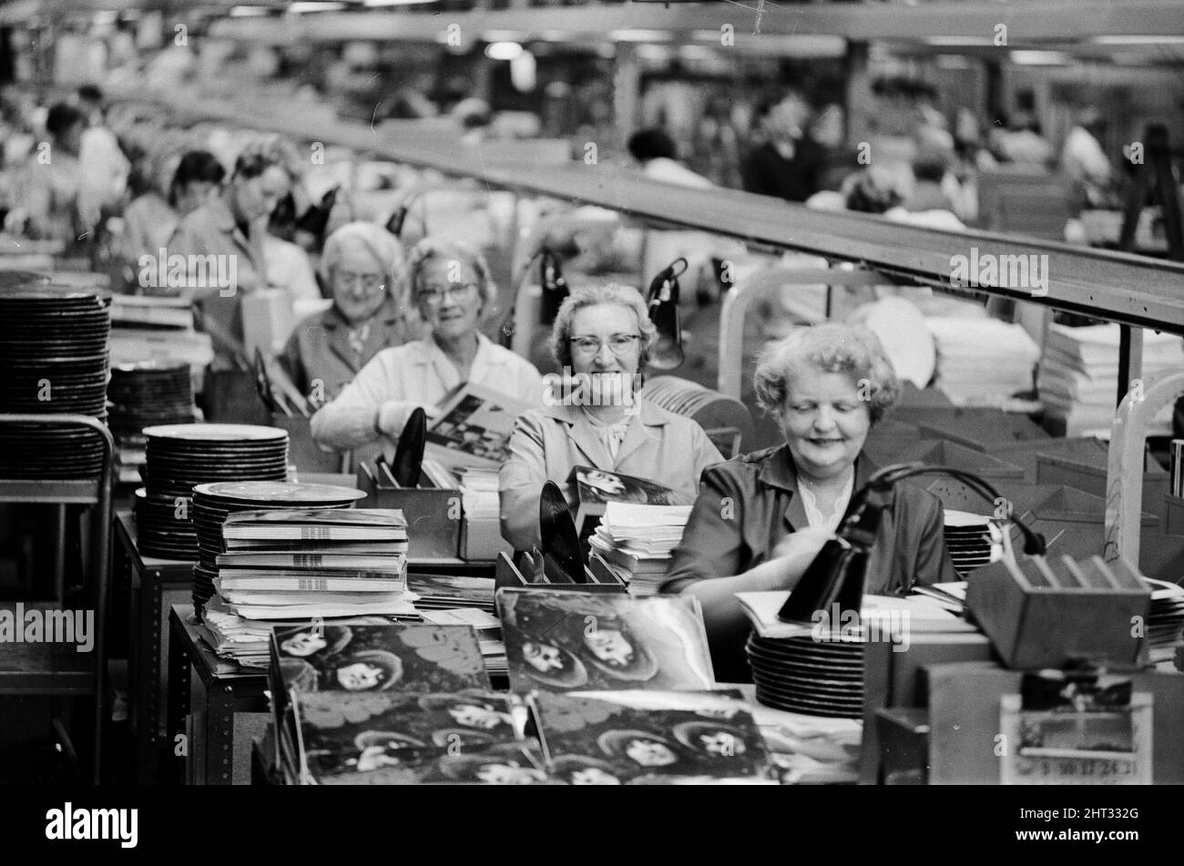 Production line at E.M.I. factory in Hayes Middlesex where the new Beatles LP Rubber Soul is being manufactured 24th November 1965. Stock Photo