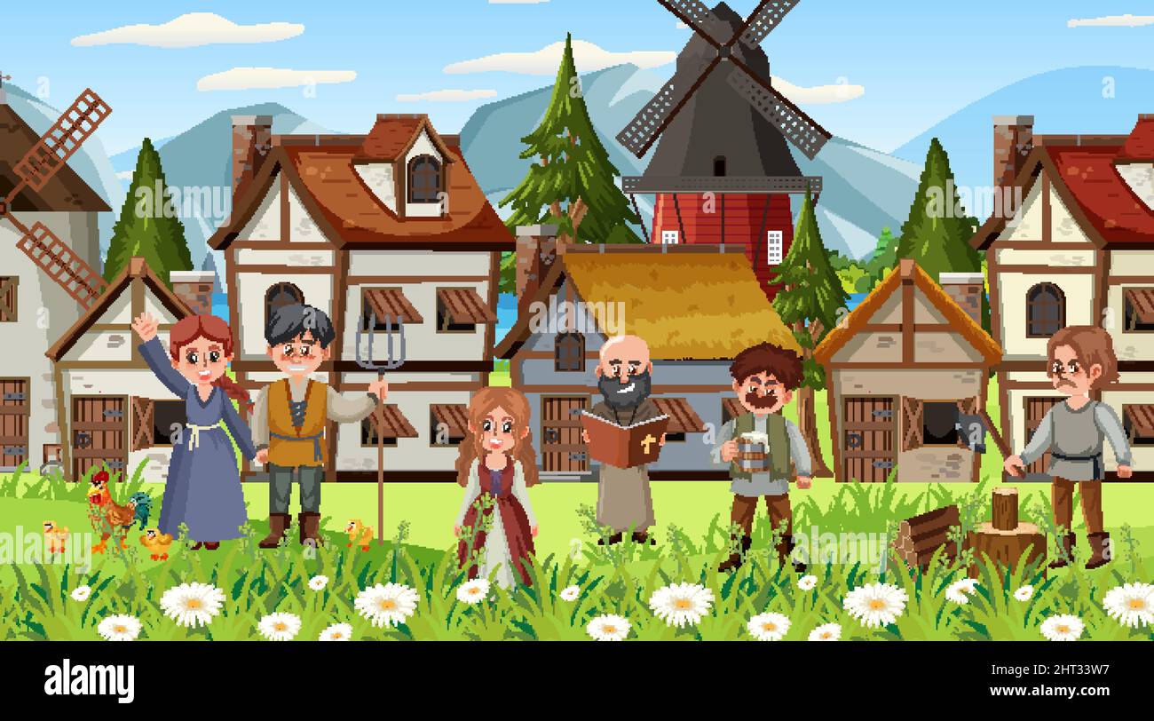 Medieval town scene with villagers illustration Stock Vector Image ...