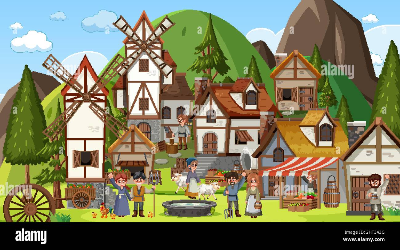 Medieval town scene with villagers illustration Stock Vector Image ...