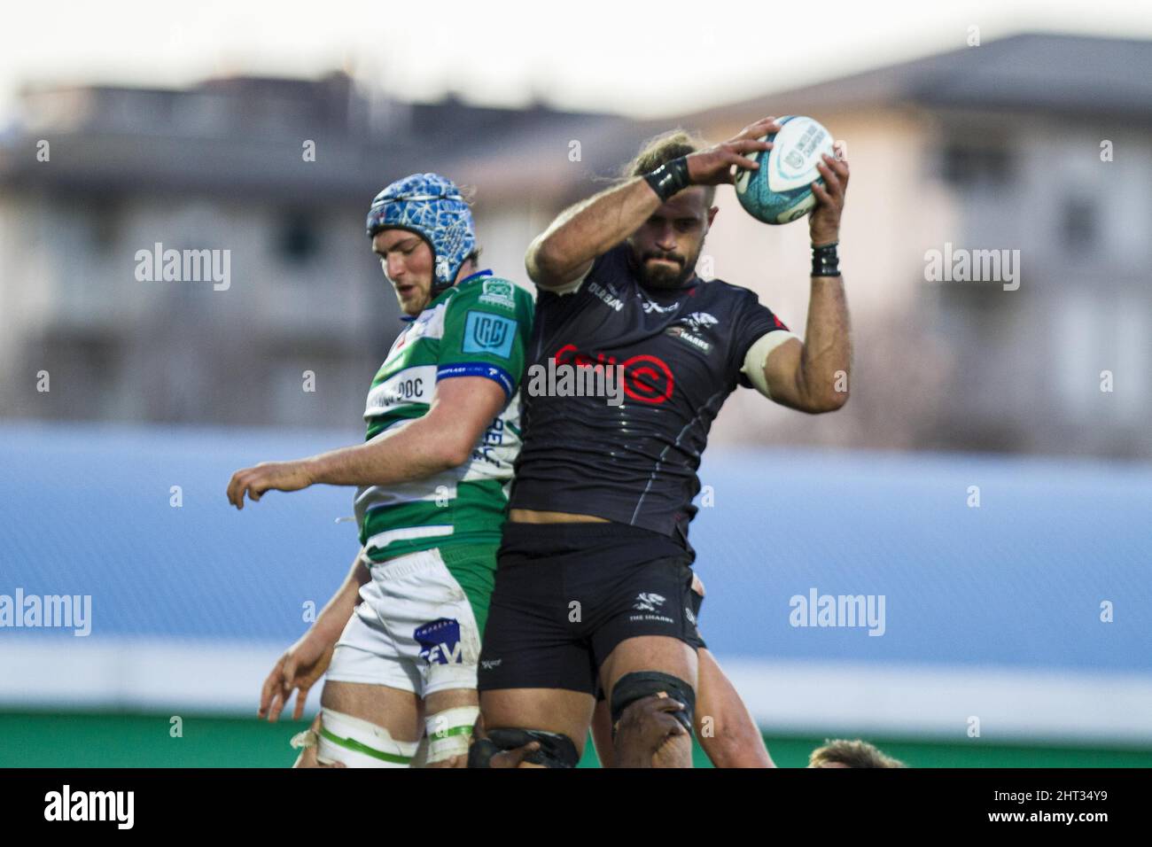 Monigo stadium, Treviso, Italy, febbraio 26, 2022, Gerbrandt Grobler and  Matteo Meggiato during Benetton Rugby vs Cell C Sharks - United Rugby  Championship match Stock Photo - Alamy