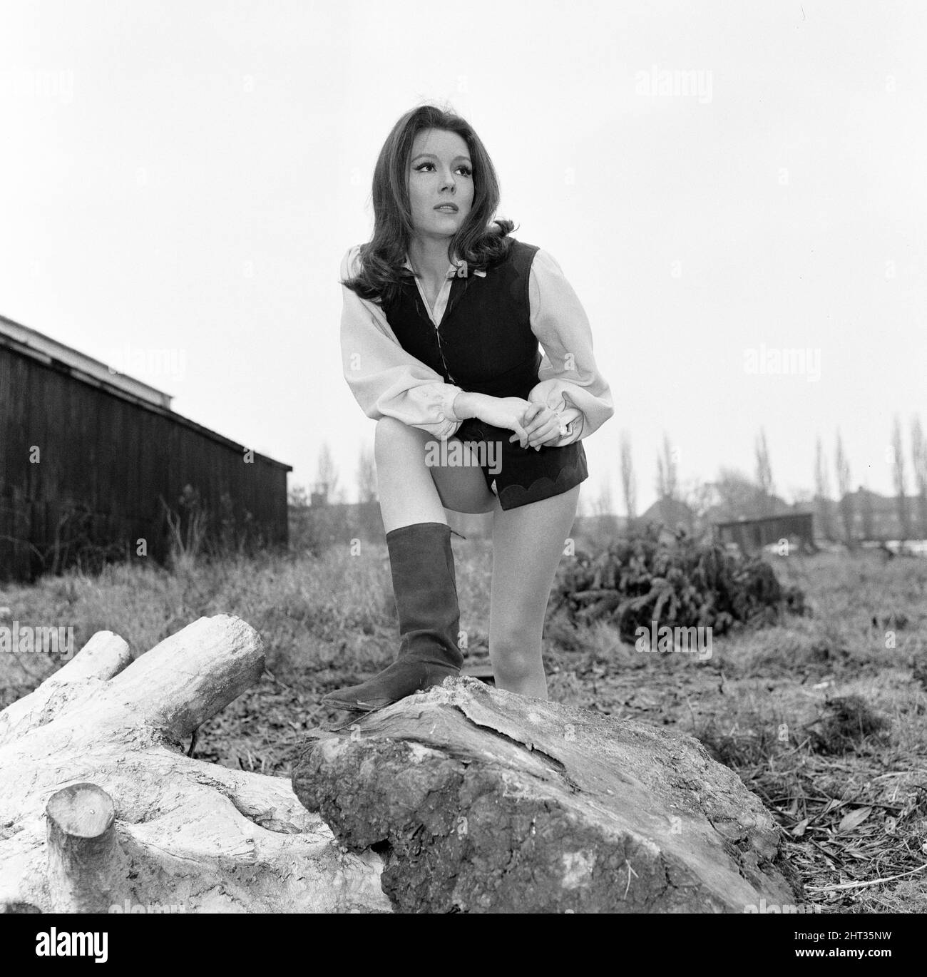 Diana Rigg, Actress a.k.a. Emma Peel, dressed as Robin Hood for an episode of The Avengers ABC TV Series, titled 'A Sense of History', Photo-call on set, 15th February 1966. Stock Photo