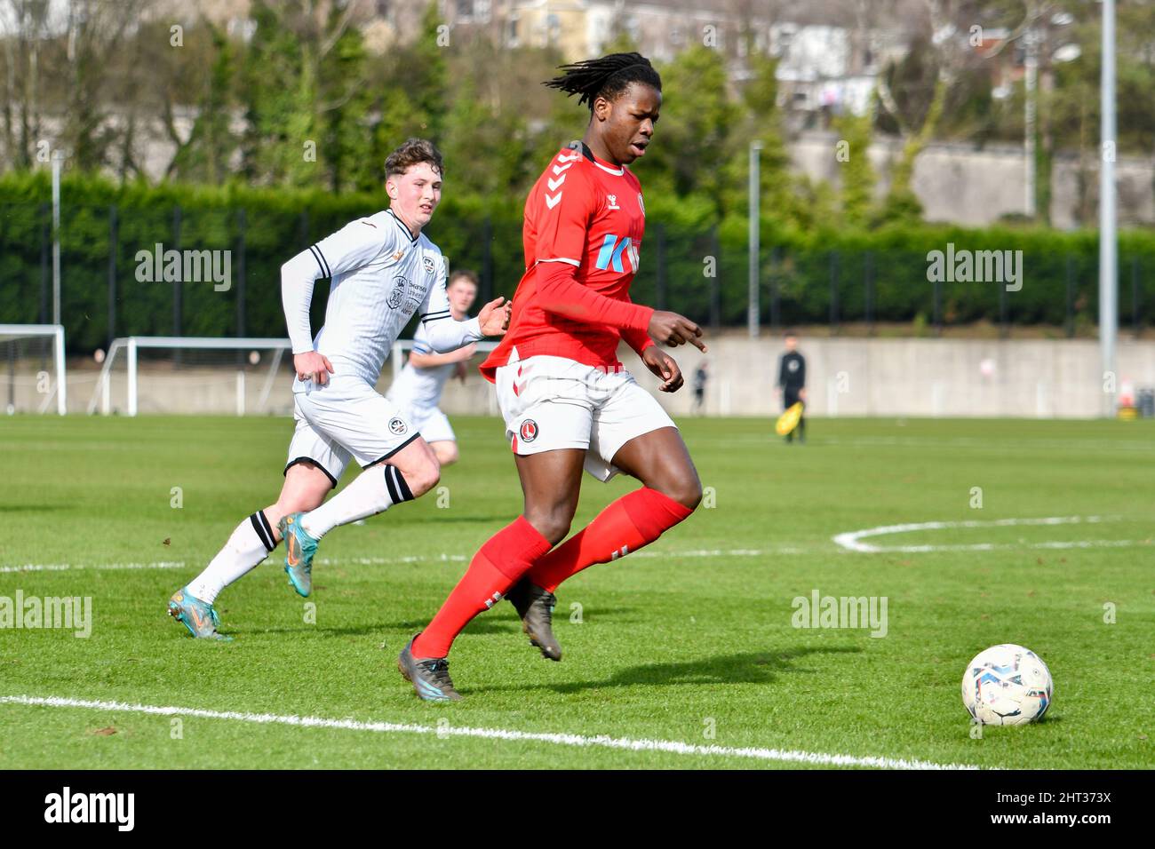Swansea, Wales. 26 February, 2022. Karoy Anderson of Charlton Athletic Under 18s during the Professional Development League game between Swansea City Under 18s and Charlton Athletic Under 18s at the Swansea City Academy in Swansea, Wales, UK on 26, February 2022. Credit: Duncan Thomas/Majestic Media. Stock Photo