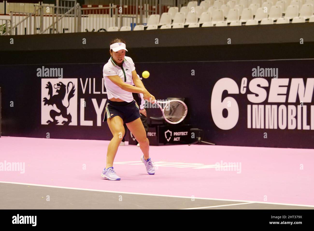Mai Hontama (JPN) in action against Jessika Ponchet (FRA) during the Open  6ème Sens, Métropole de Lyon 2022, WTA 250 tennis tournament on February  26, 2022 at Palais des Sports de Gerland
