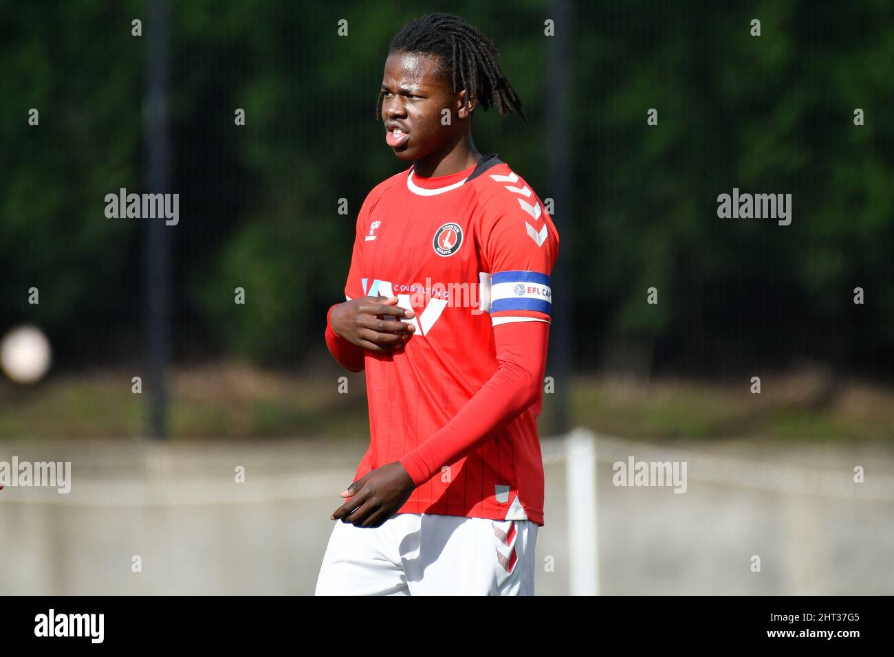 Swansea, Wales. 26 February, 2022. Karoy Anderson of Charlton Athletic Under 18s during the Professional Development League game between Swansea City Under 18s and Charlton Athletic Under 18s at the Swansea City Academy in Swansea, Wales, UK on 26, February 2022. Credit: Duncan Thomas/Majestic Media. Stock Photo