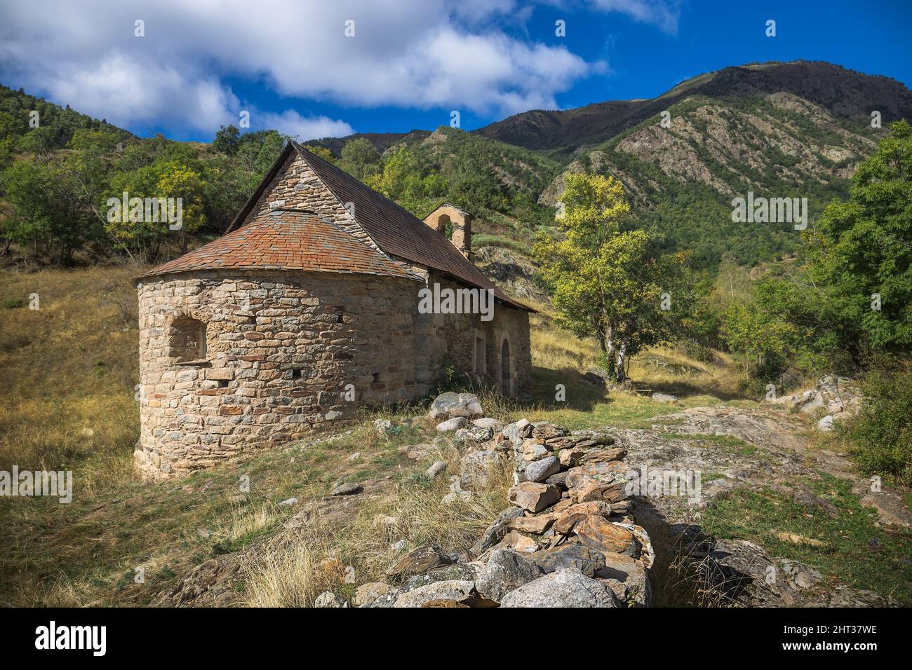 Romanesque Church Mare de Deu de les Neus in the Catalan Pyrenees Stock Photo