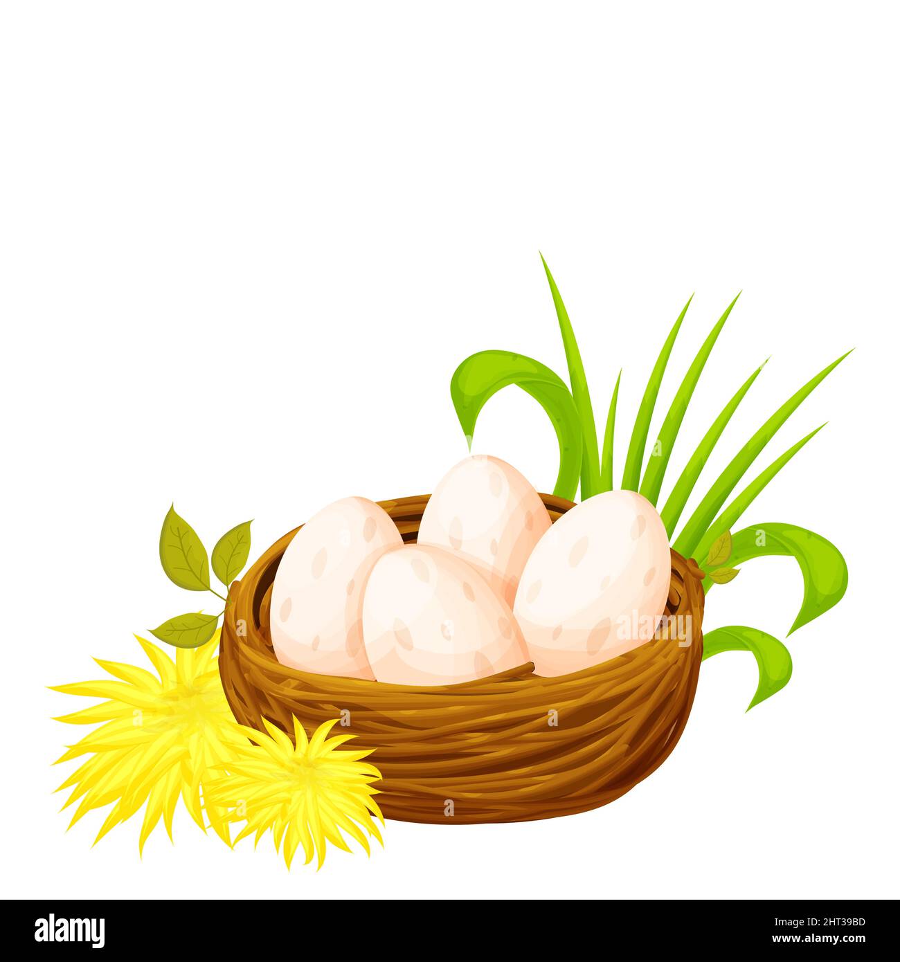 Bird nest from sticks with eggs decorated with leaves, grass and dandelion flowers in cartoon style isolated on white background. Spring clip art, nestling. new life. Vector illustration Stock Vector