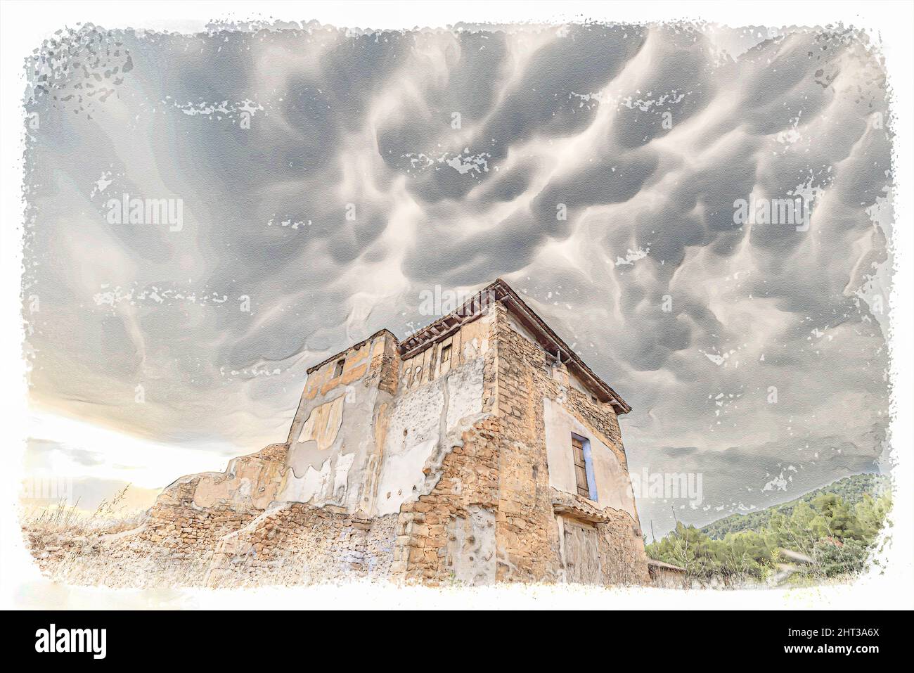 Clouds and cumulus in stormy sky with abandoned house in the countryside, gloomy Stock Photo
