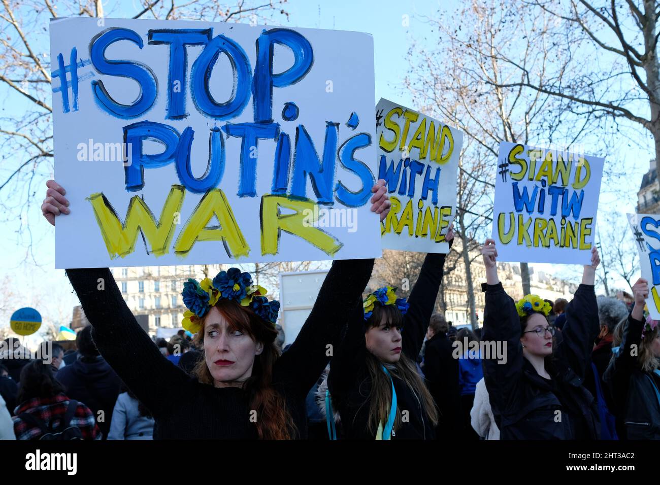 Parisians turned out for this rally against the invasion of Ukraine by Russian President Vladimir Putin's troops. 'stop the war' signs were numerous Stock Photo