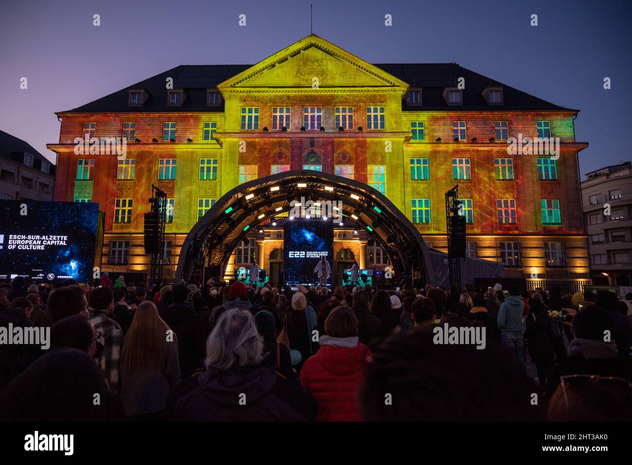 Esch An Der Alzette, Luxembourg. 26th Feb, 2022. The town hall in Esch-sur-Alzette is colorfully illuminated. Credit: Harald Tittel/dpa/Alamy Live News Stock Photo