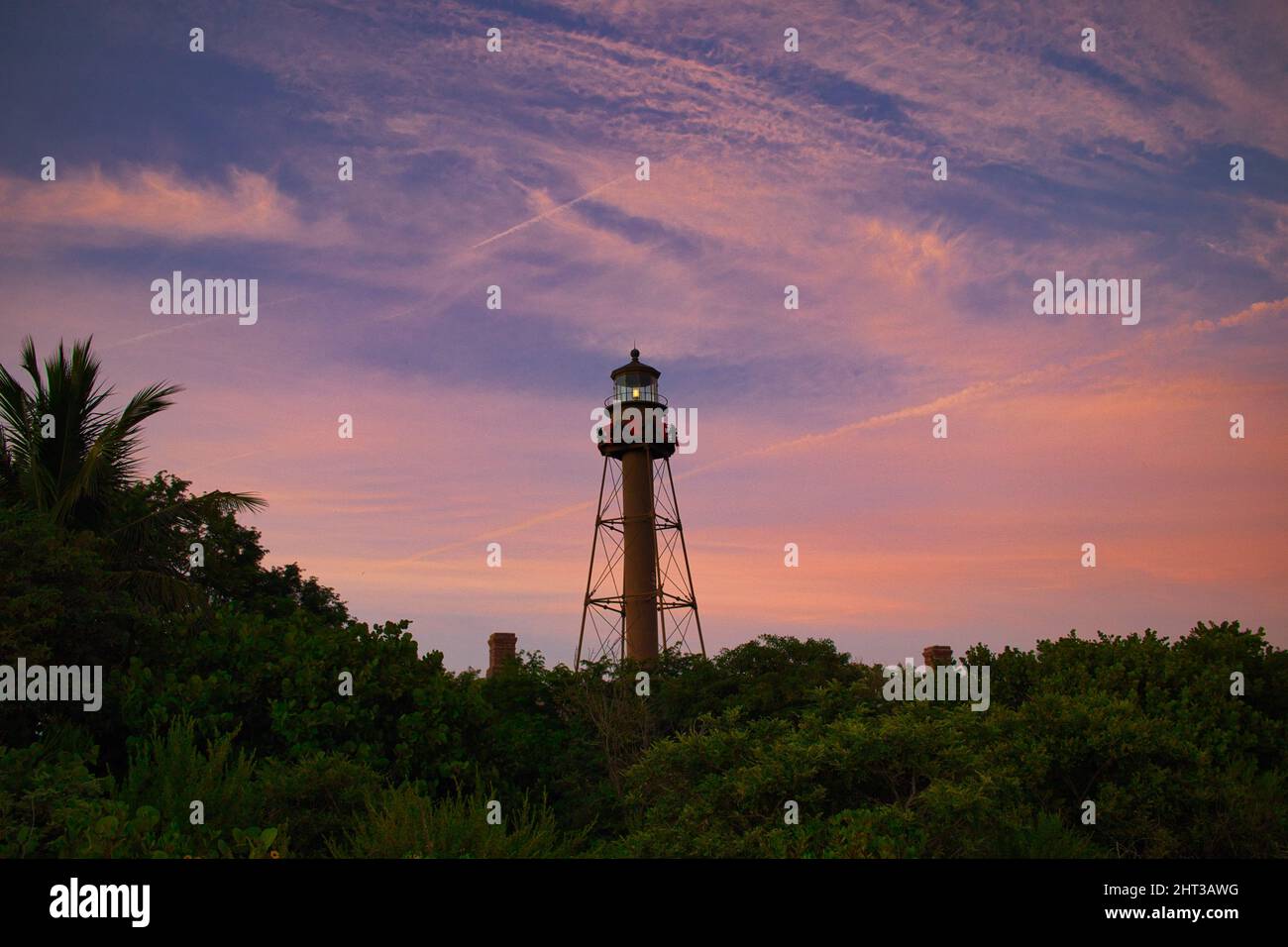 Sanibel Island Light at sunset, Point Ybel Light. Lighthouse Beach Park, United States. Stock Photo