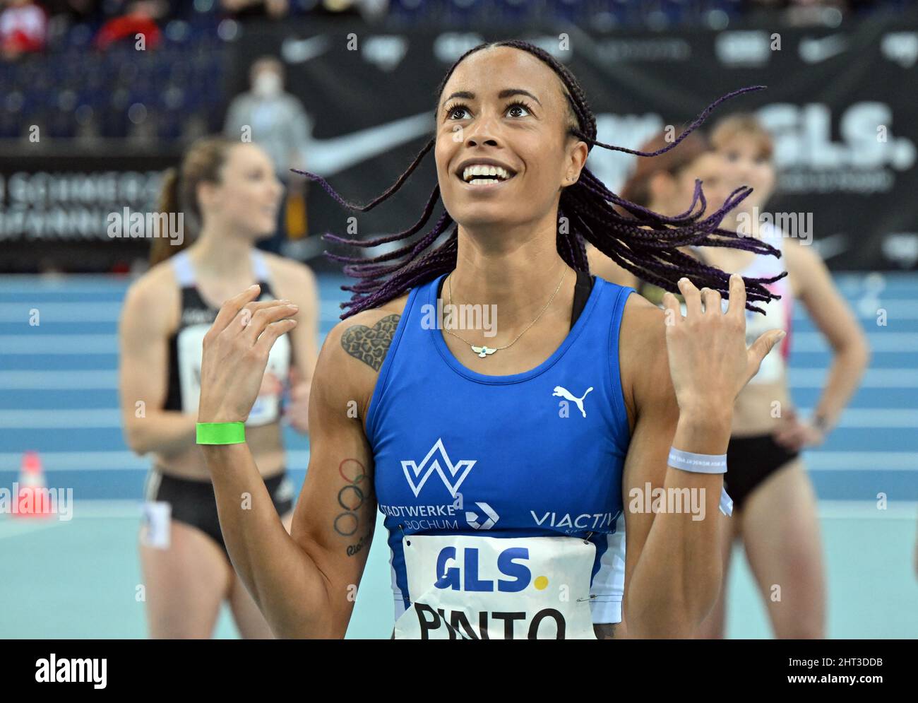 Leipzig, Germany. 26th Feb, 2022. Tatjana Pinto wins the 60-meter race during the German Indoor Athletics Championships at the Arena Leipzig