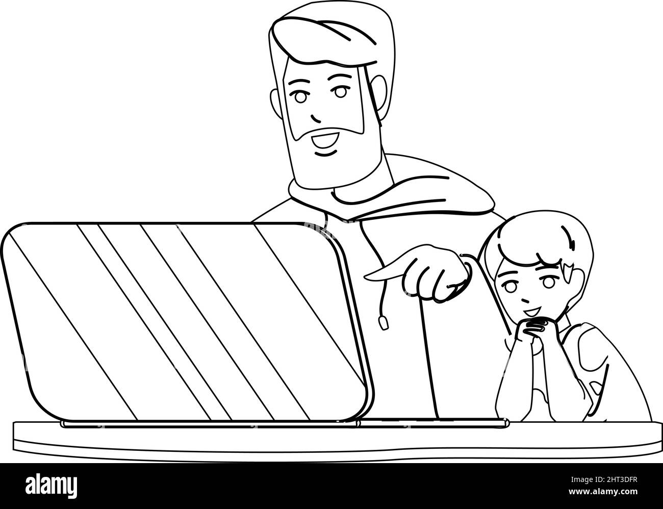 Kid Boy And Father Using Laptop Together Vector Stock Vector Image ...