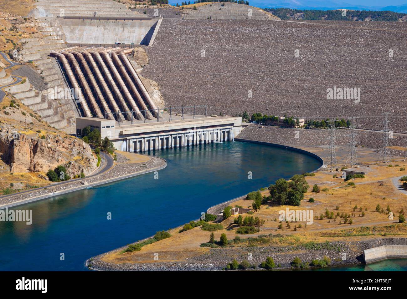 Penstocks of Hydroelectric power plant. Renewable energy background