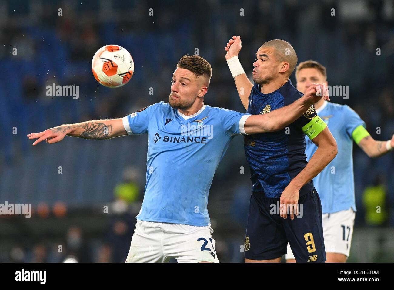 Sergej Milinkovi?-Savi? of SS LAZIO and Pepe of F.C. Porto in action during the Knockout Round Play-Offs Leg Two - UEFA Europa League between SS Lazio and FC Porto at Stadio Olimpico on 24th of February, 2022 in Rome, Italy. (Photo by Domenico Cippitelli/Pacific Press/Sipa USA) Stock Photo