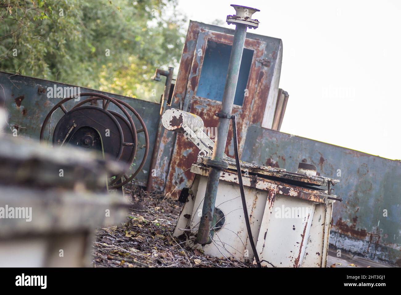 Stranded Old abandoned tanker wreck on the banksof the Danube River in Novi Sad. Stock Photo