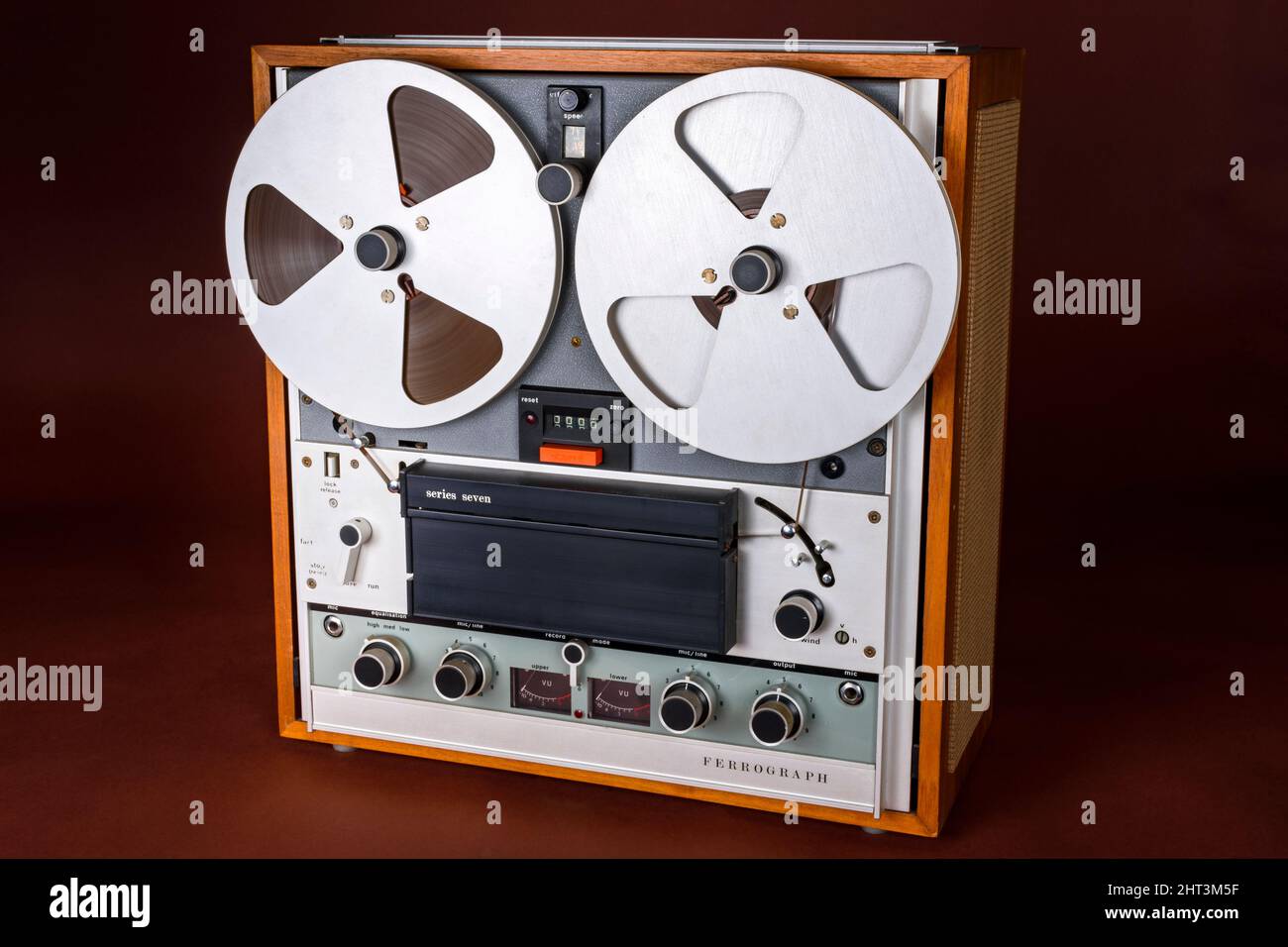 Top view of old sound recording tape, reel to reel type and box