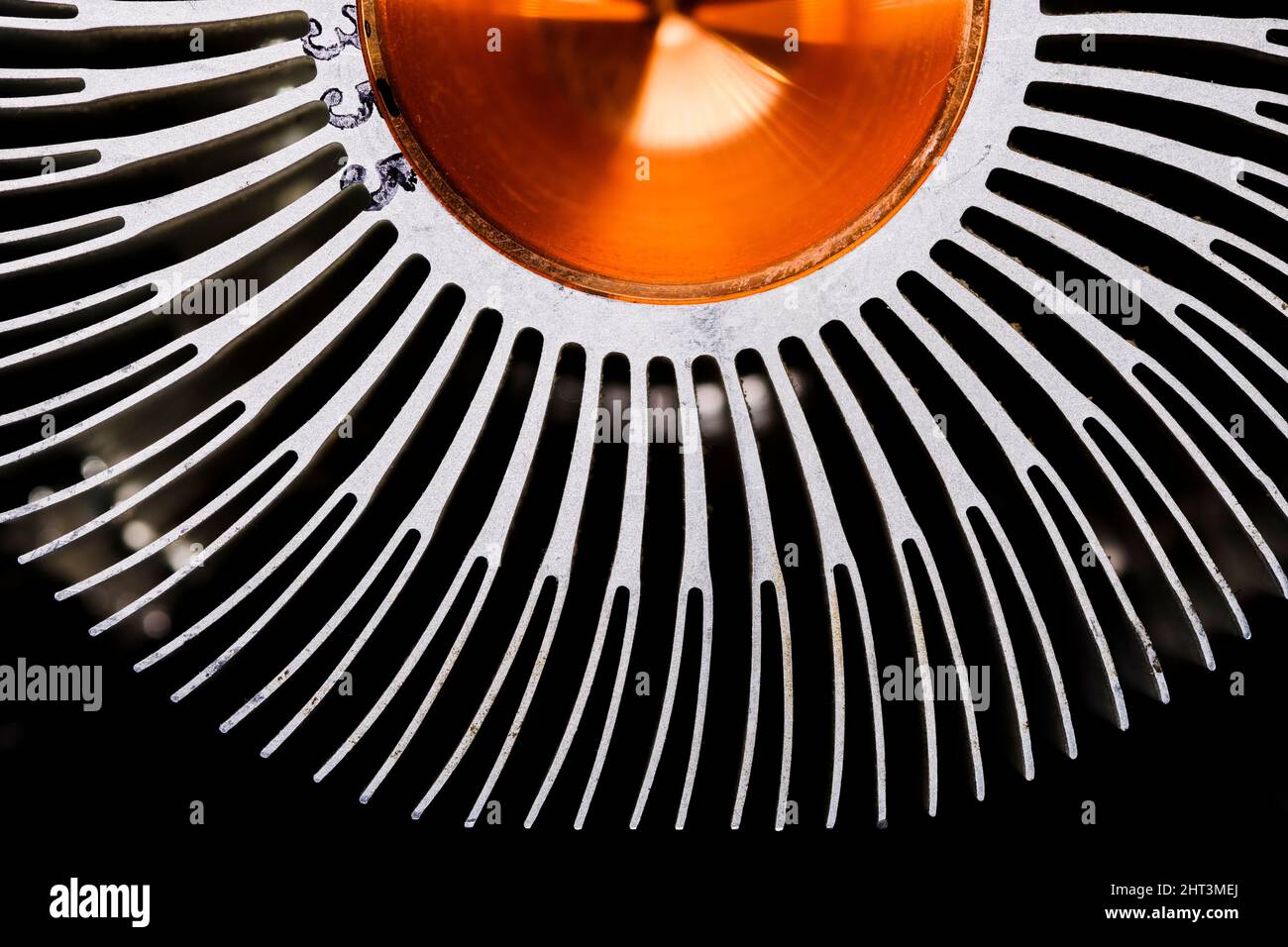 Close up of the fins of a CPU heat sink assembly of a desktop computer. Stock Photo
