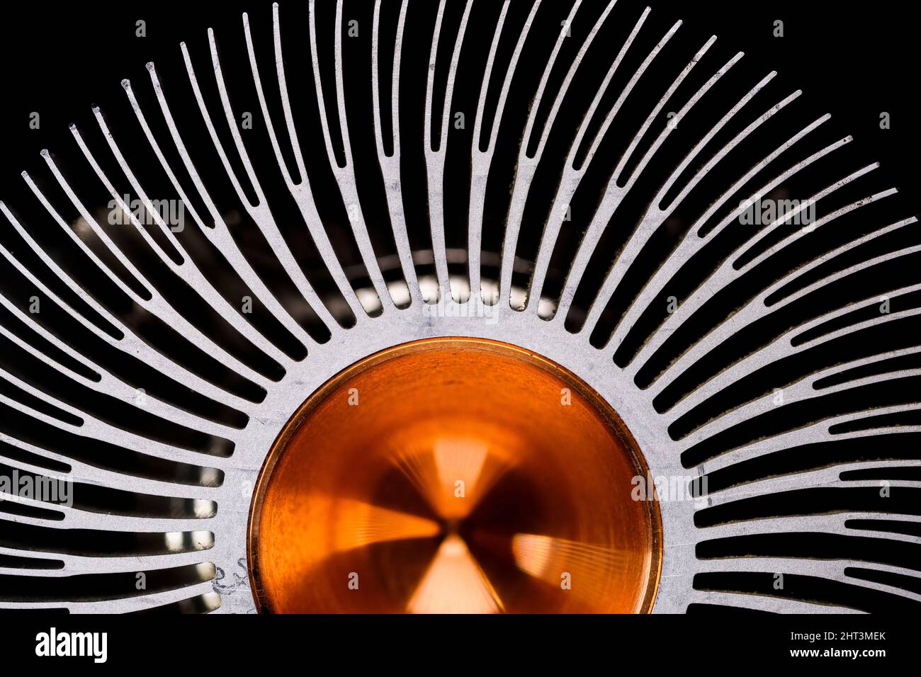 Close up of the fins of a CPU heat sink assembly of a desktop computer. Stock Photo