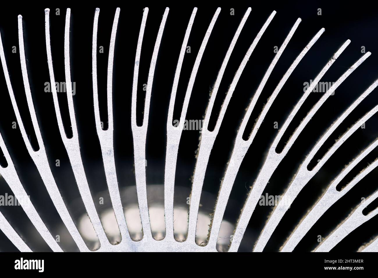 Close up of the fins of a CPU heat sink assembly of a desktop computer. Stock Photo