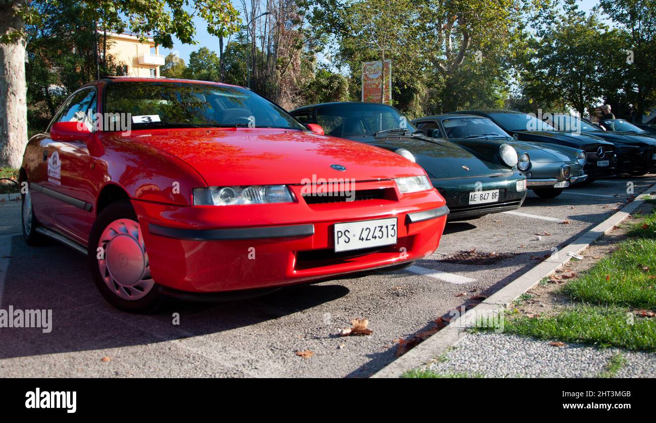 View of parked Opel Calibra historic car in a street Stock Photo