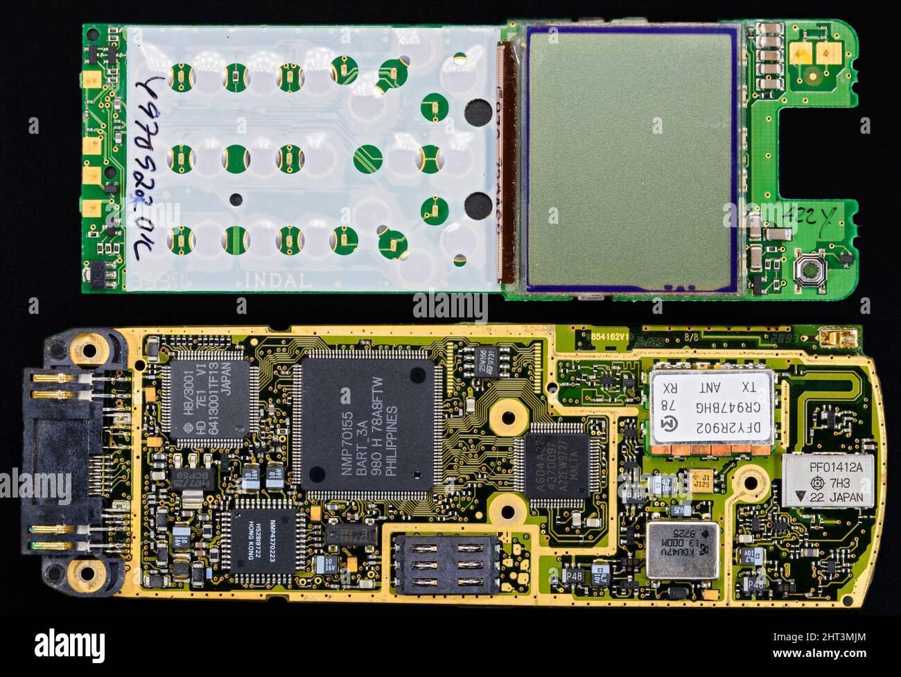 The printed circuit boards of a Nokia NHE8 mobile phone, showing the