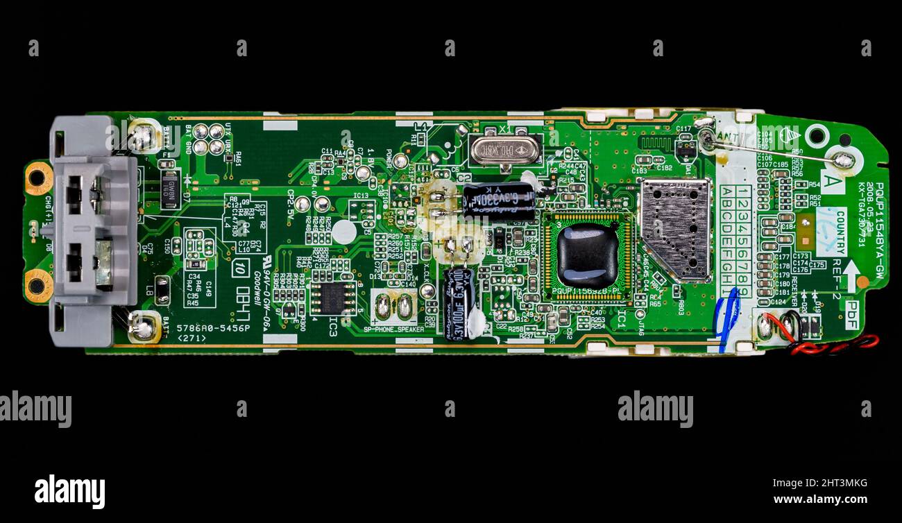 Printed circuit board of a Panasonic KX-TGA730E wireless telephone handset. Stock Photo
