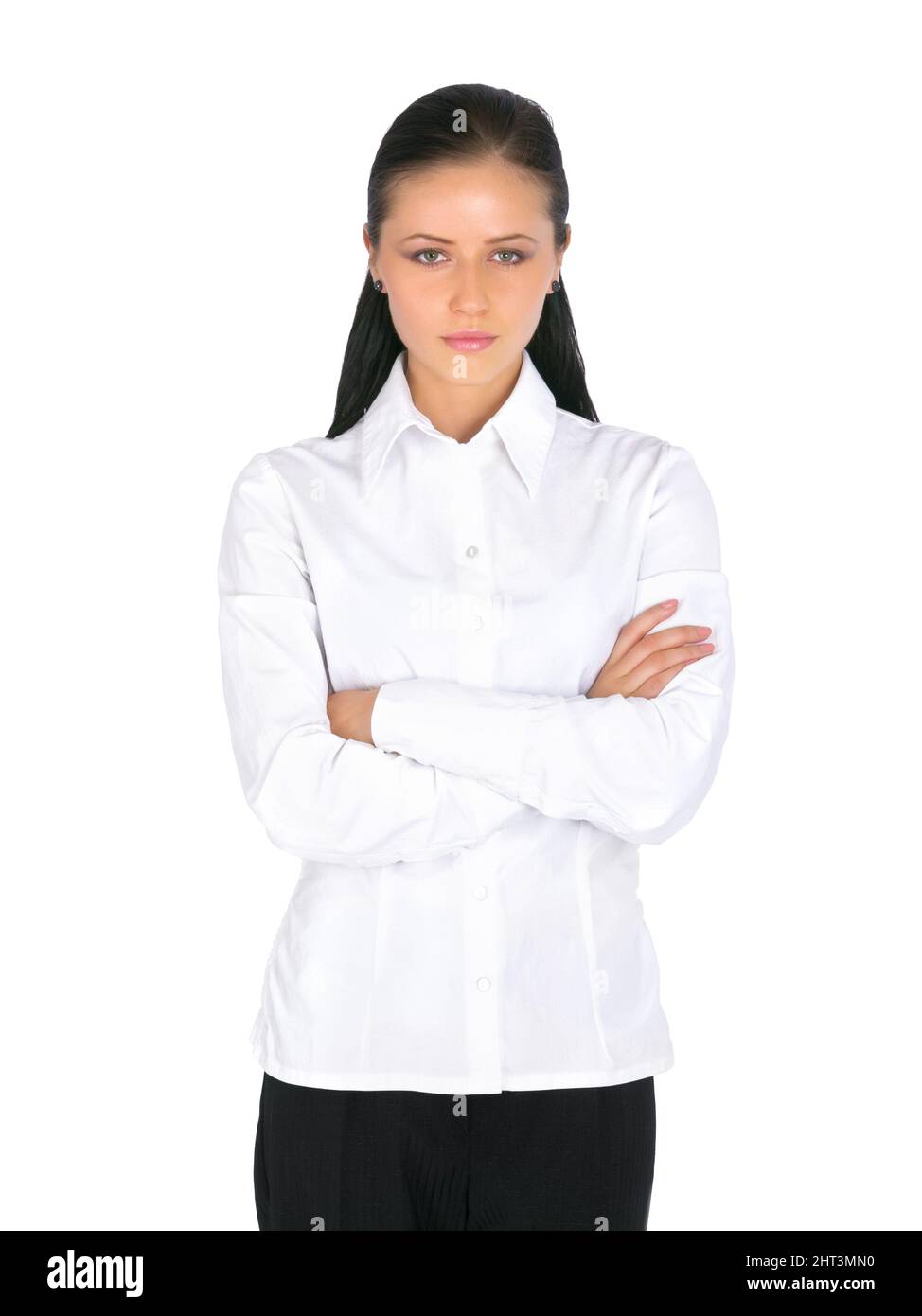 Serious about business. Portrait of an attractive businesswoman looking serious against a white background. Stock Photo