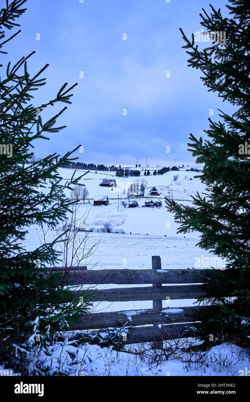 Vertical shot of a small village with houses covered with snow in a ...