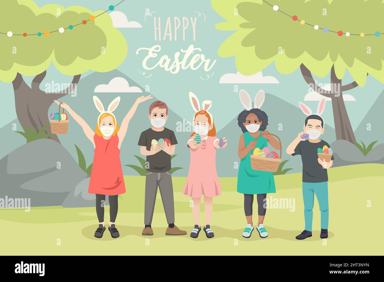 A vector illustration of Children Celebrating Easter Stock Vector
