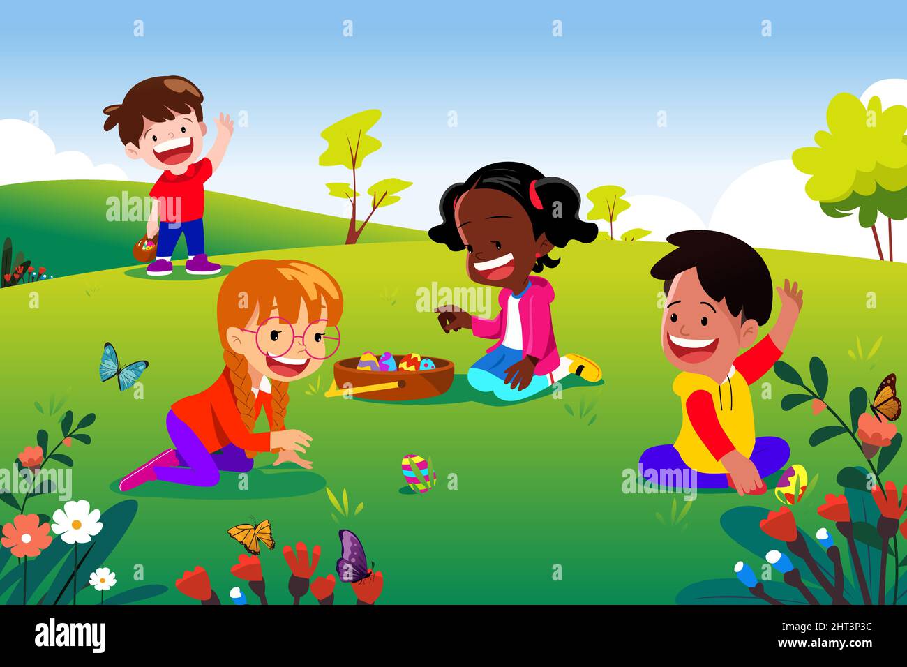 A vector illustration of Children on Easter Egg Hunt Stock Vector