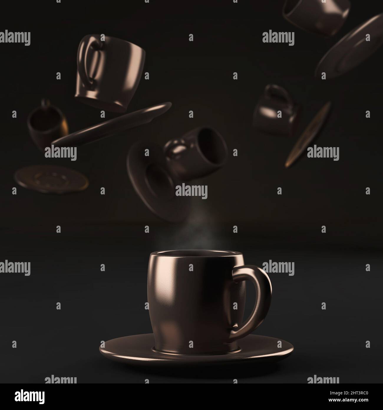 Cup of hot coffee with flying cups in background, 3d illustration Stock Photo