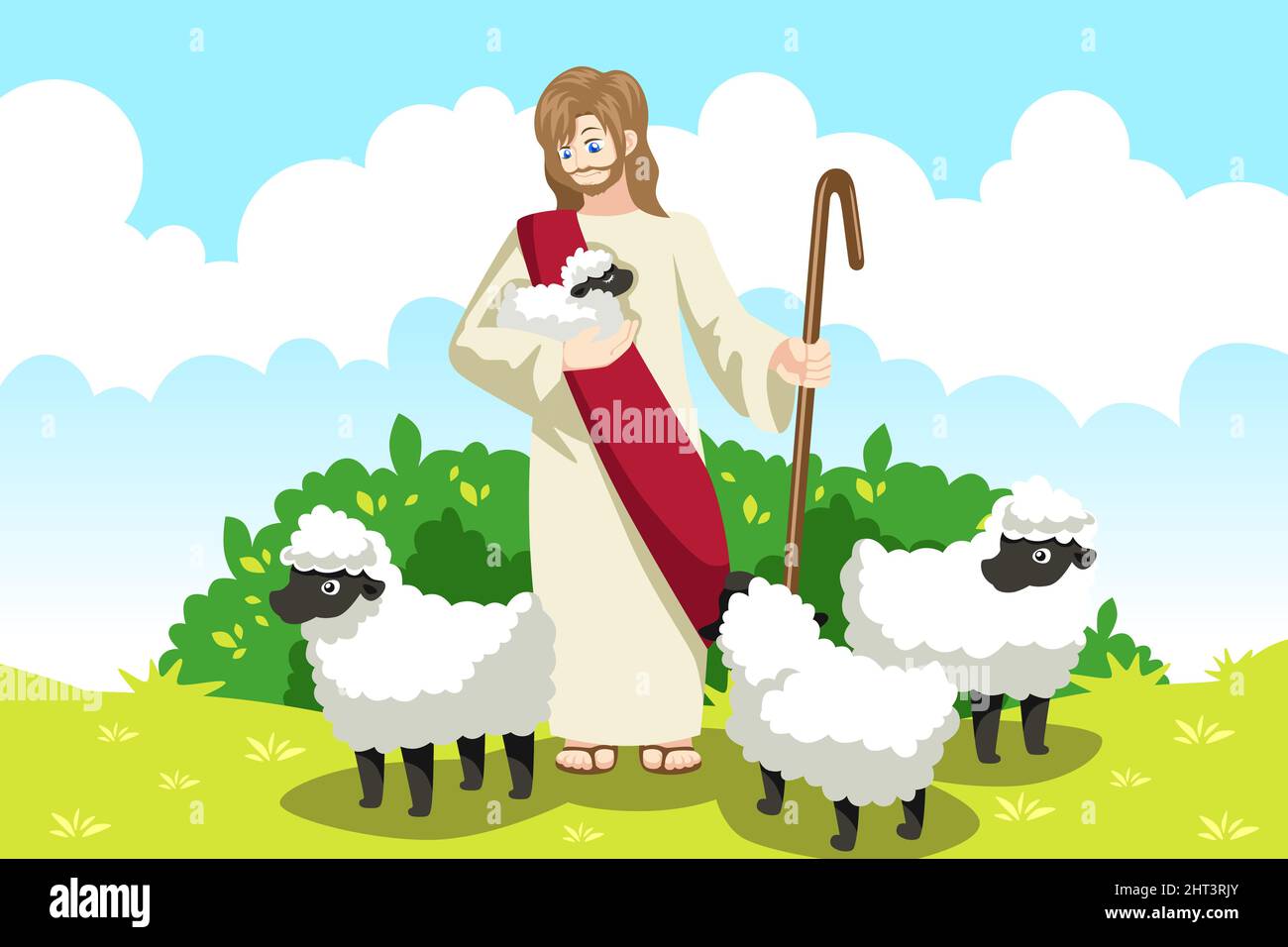 A vector illustration Jesus the Shepherd and Lambs Stock Vector