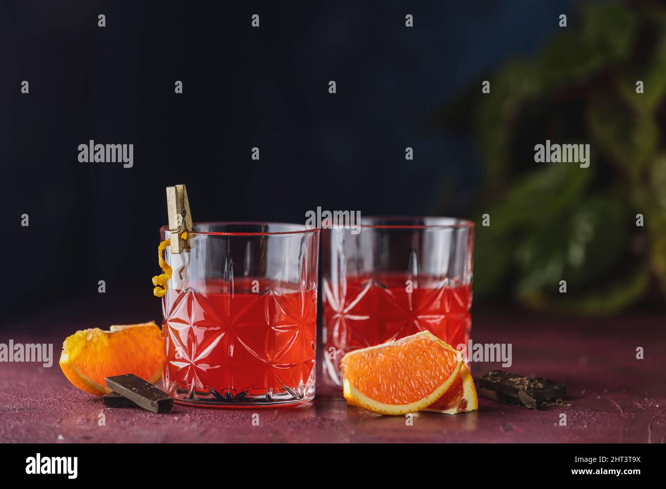 Two glasses of chocolate red orange negroni, an italian cocktail, an