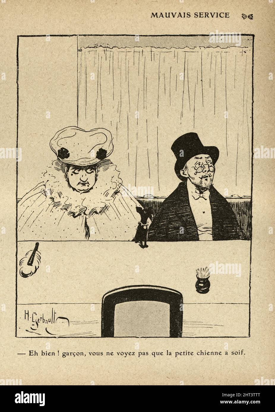 mature couple waiting in restaurant with their dog. Vintage French cartoon by Henri Gerbault, 1900s. Bad service. Well! boy, can't you see that the li Stock Photo